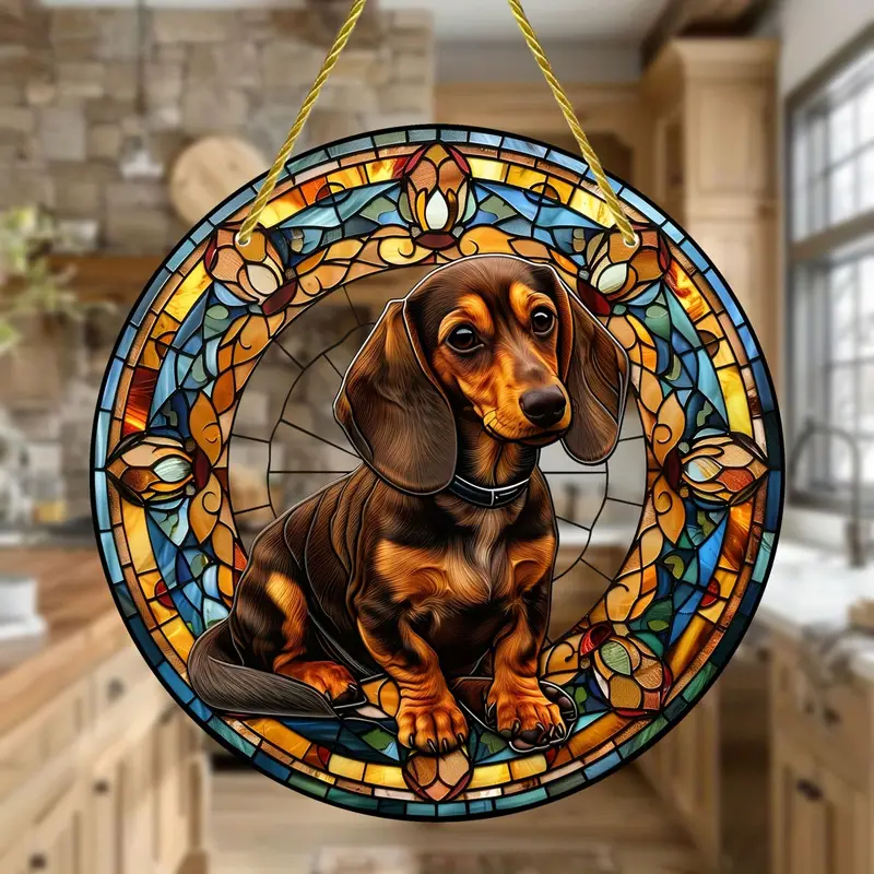 Birthday Gift Dachshund Dog Faux Stained Glass Suncatcher - Hanging Window Dog Sun Catcher for Christmas
