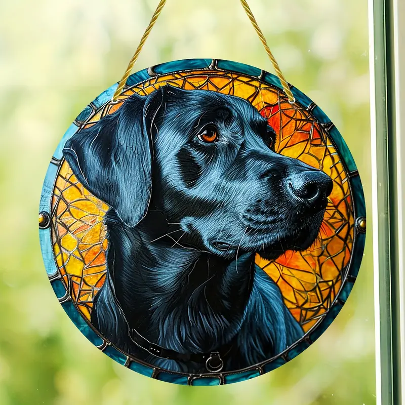 Vibrant Black Labrador Retriever Faux Stained Glass Suncatcher Window Hanging Home Decor Gift For Dog Lover