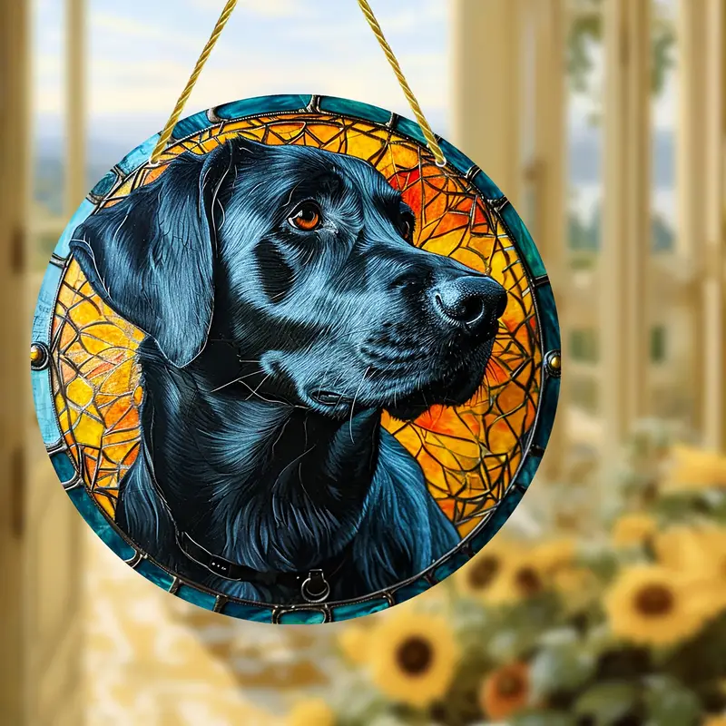 Vibrant Black Labrador Retriever Faux Stained Glass Suncatcher Window Hanging Home Decor Gift For Dog Lover