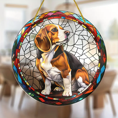 Beagle Dog Faux Stained Glass Suncatcher Cherry Blossom Style Dog Memorial Gifts, Window Hanging Suncatcher Gift For Dog Lovers