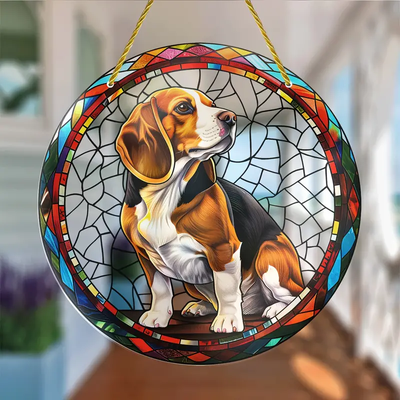 Beagle Dog Faux Stained Glass Suncatcher Cherry Blossom Style Dog Memorial Gifts, Window Hanging Suncatcher Gift For Dog Lovers
