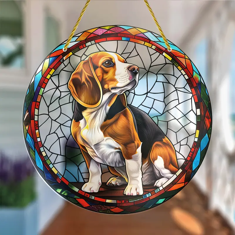 Beagle Dog Faux Stained Glass Suncatcher Cherry Blossom Style Dog Memorial Gifts, Window Hanging Suncatcher Gift For Dog Lovers