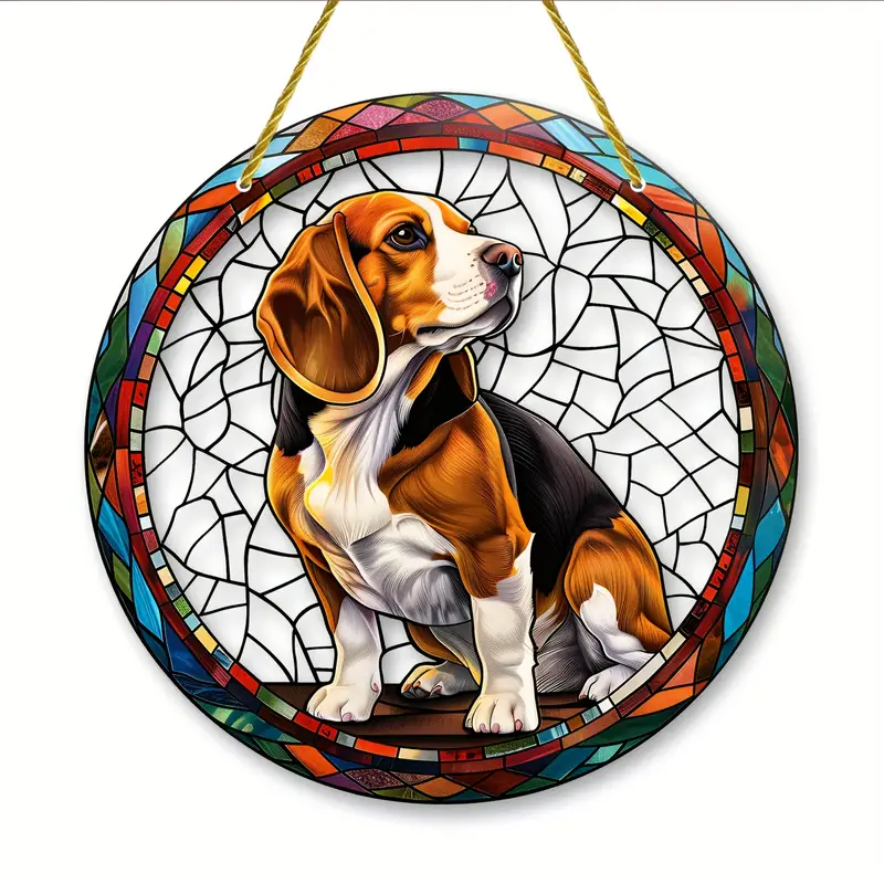 Beagle Dog Faux Stained Glass Suncatcher Cherry Blossom Style Dog Memorial Gifts, Window Hanging Suncatcher Gift For Dog Lovers