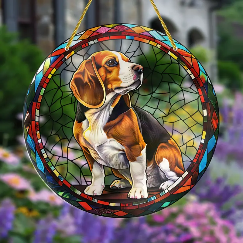 Beagle Dog Faux Stained Glass Suncatcher Cherry Blossom Style Dog Memorial Gifts, Window Hanging Suncatcher Gift For Dog Lovers