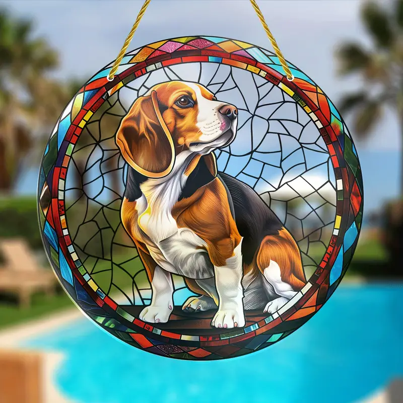 Beagle Dog Faux Stained Glass Suncatcher Cherry Blossom Style Dog Memorial Gifts, Window Hanging Suncatcher Gift For Dog Lovers