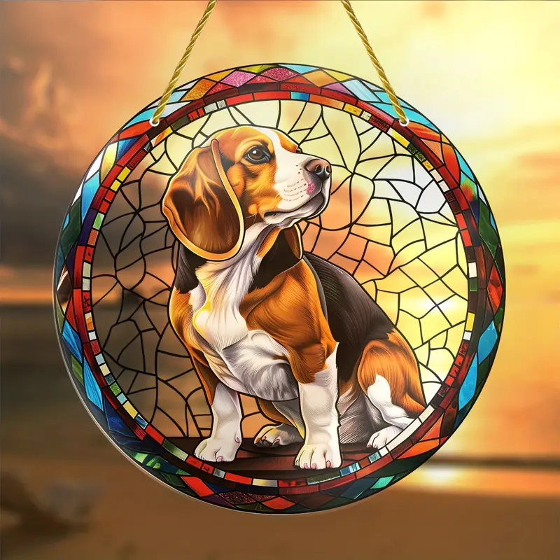 Beagle Dog Faux Stained Glass Suncatcher Cherry Blossom Style Dog Memorial Gifts, Window Hanging Suncatcher Gift For Dog Lovers