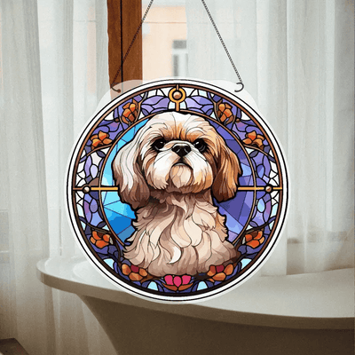Cute Dog Faux Stained Glass Suncatcher Cherry Blossom Style Dog Memorial Gifts, Window Hanging Suncatcher Gift For Dog Lovers