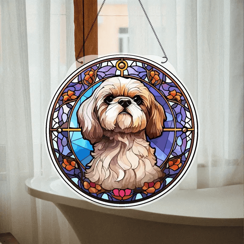Cute Dog Faux Stained Glass Suncatcher Cherry Blossom Style Dog Memorial Gifts, Window Hanging Suncatcher Gift For Dog Lovers