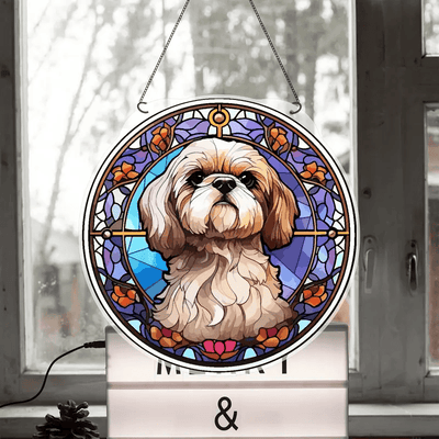 Cute Dog Faux Stained Glass Suncatcher Cherry Blossom Style Dog Memorial Gifts, Window Hanging Suncatcher Gift For Dog Lovers