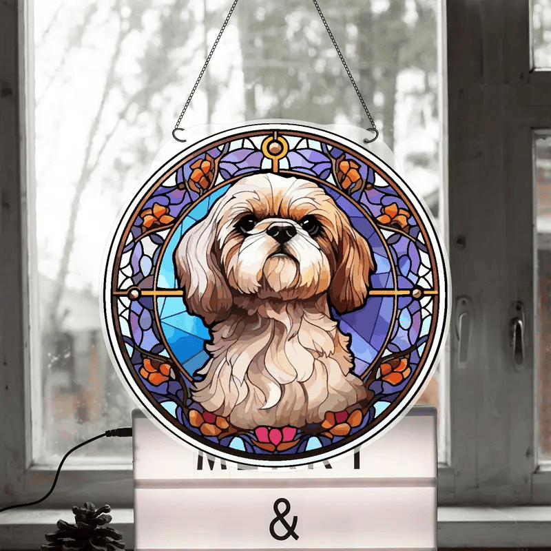 Cute Dog Faux Stained Glass Suncatcher Cherry Blossom Style Dog Memorial Gifts, Window Hanging Suncatcher Gift For Dog Lovers
