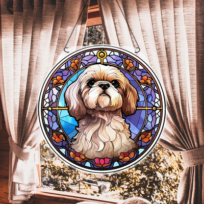 Cute Dog Faux Stained Glass Suncatcher Cherry Blossom Style Dog Memorial Gifts, Window Hanging Suncatcher Gift For Dog Lovers