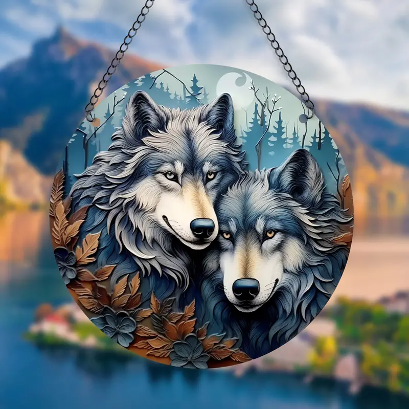 Couple Wolf Acrylic Faux Stained Glass Suncatcher Window Hanging Sun Catcher Gift Idea