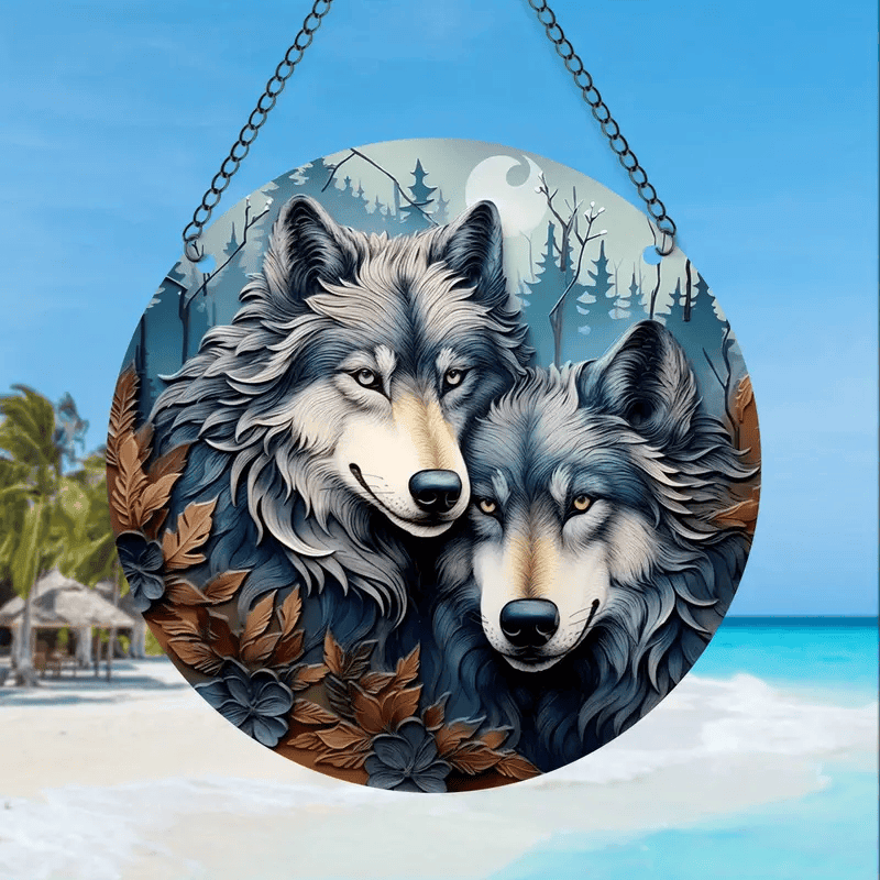 Couple Wolf Acrylic Faux Stained Glass Suncatcher Window Hanging Sun Catcher Gift Idea