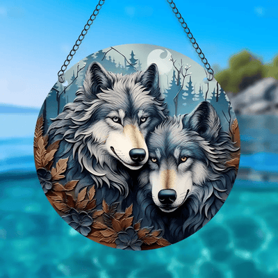 Couple Wolf Acrylic Faux Stained Glass Suncatcher Window Hanging Sun Catcher Gift Idea
