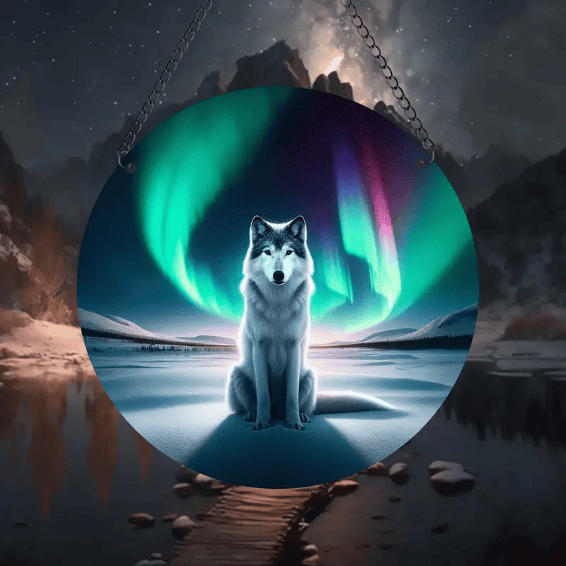 Aurora Wolf Theme Acrylic Faux Stained Glass Suncatcher Window Hanging, Perfect for Indoor & Outdoor Decor