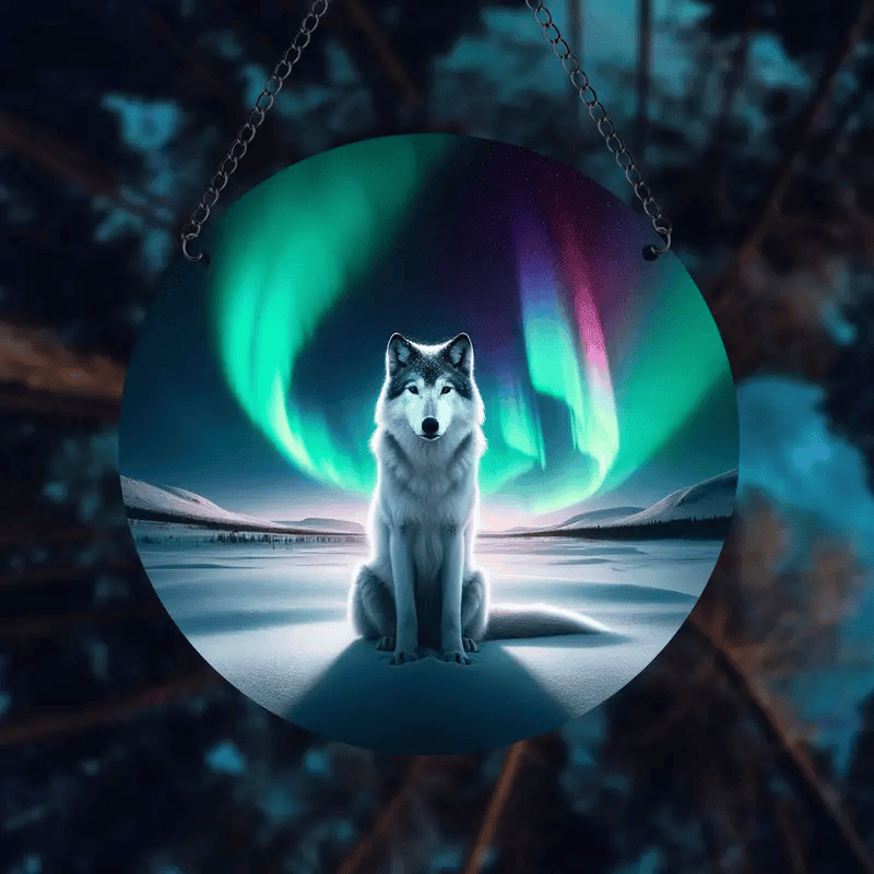 Aurora Wolf Theme Acrylic Faux Stained Glass Suncatcher Window Hanging, Perfect for Indoor & Outdoor Decor