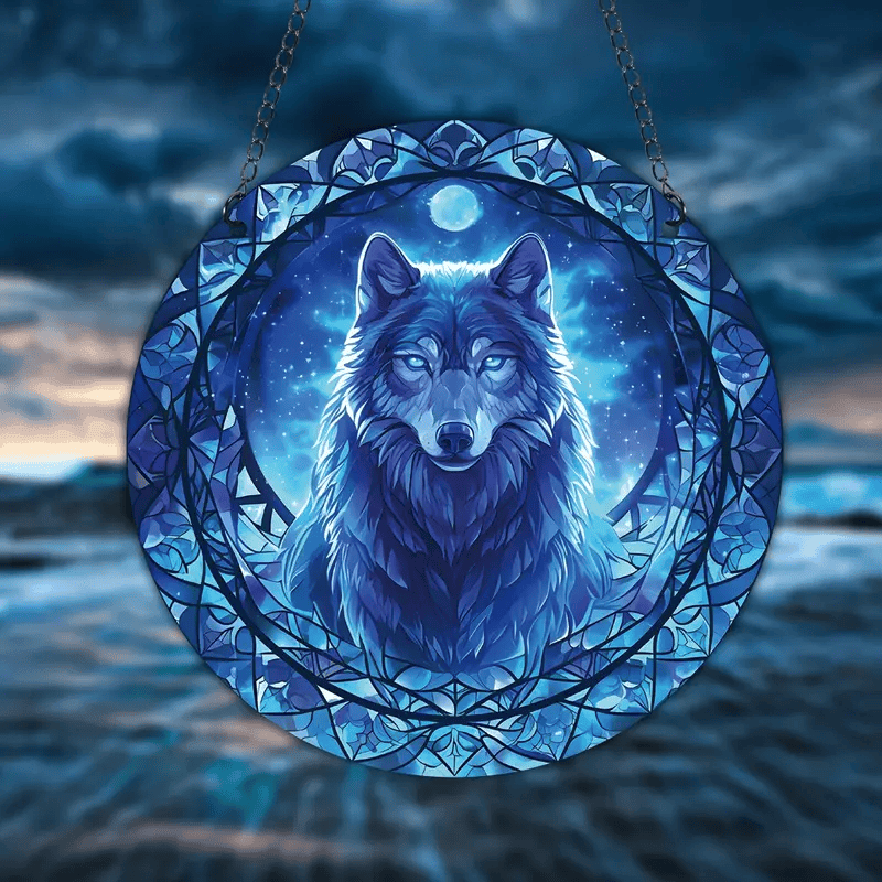 Spooky Halloween Head Wolf Acrylic Faux Stained Glass Suncatcher Window Hanging, Perfect Gift Idea For Wolf Lovers