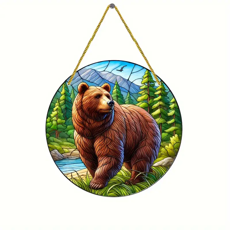 Brown Bear Faux Stained Glass Sun Catcher Window Hanging Sign Gift for Family And Friends