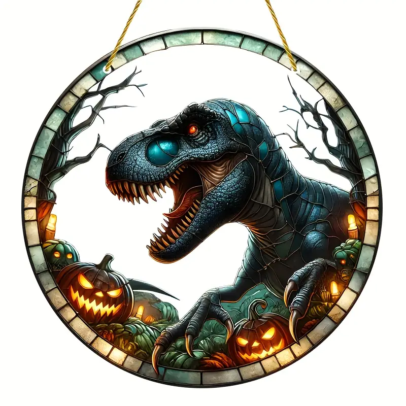 Halloween Dinosaur Sun Catcher Stain Glass Window Hanging Decor Acrylic Round Hanging Home Decor, Gift Idea