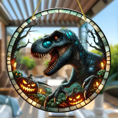 Halloween Dinosaur Sun Catcher Stain Glass Window Hanging Decor Acrylic Round Hanging Home Decor, Gift Idea