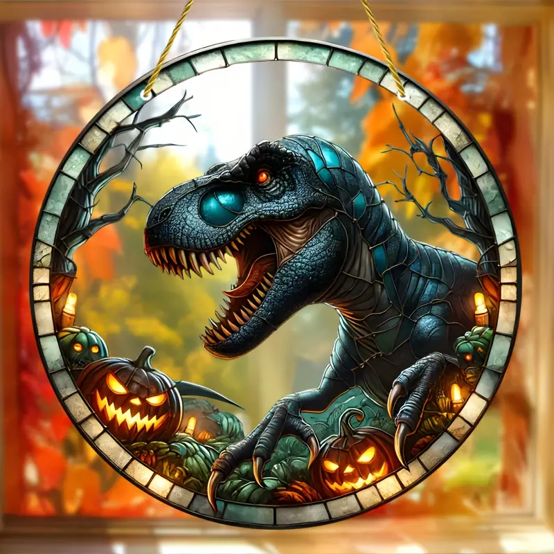 Halloween Dinosaur Sun Catcher Stain Glass Window Hanging Decor Acrylic Round Hanging Home Decor, Gift Idea
