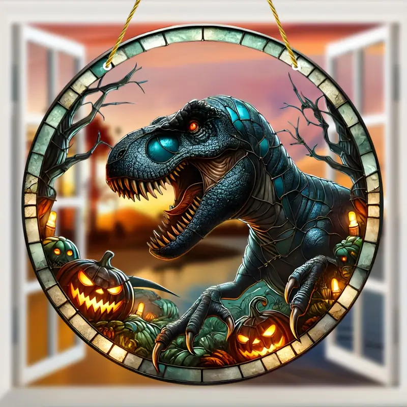 Halloween Dinosaur Sun Catcher Stain Glass Window Hanging Decor Acrylic Round Hanging Home Decor, Gift Idea