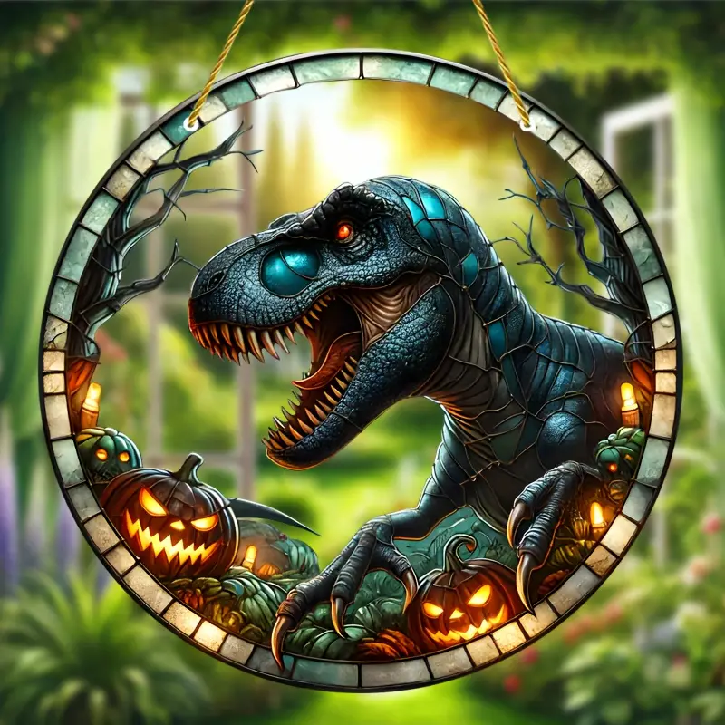 Halloween Dinosaur Sun Catcher Stain Glass Window Hanging Decor Acrylic Round Hanging Home Decor, Gift Idea