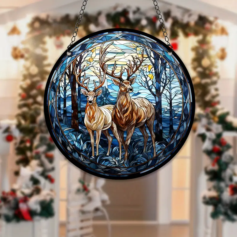 Couple Deer Faux Stained Glass Suncatcher Window Decor for Holiday Cheer, Winter Housewarming Gift, Decorative Christmas Tree