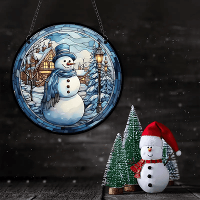 Snowman Faux Stained Glass Suncatcher Window Decor for Holiday Cheer, Winter Housewarming Gift, Decorative Christmas Tree