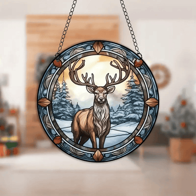 Christmas Reindeer Suncatcher, Stained Plastic Window Hanging, Outdoor, Christmas Decor