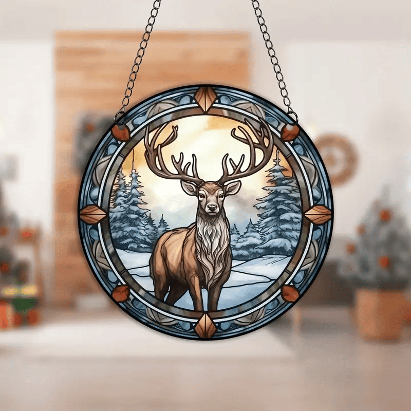 Christmas Reindeer Suncatcher, Stained Plastic Window Hanging, Outdoor, Christmas Decor