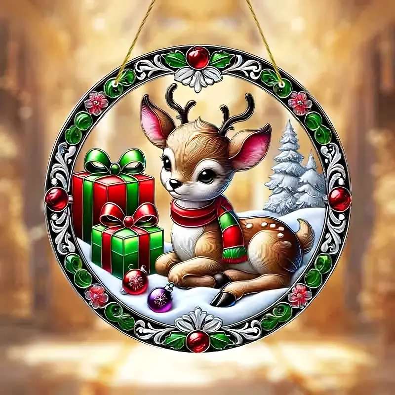 Christmas Deer Faux Stained Glass Window Hanging Suncatcher Colorful Round Sign with Wreath Center for Housewarming Gift Home Decor