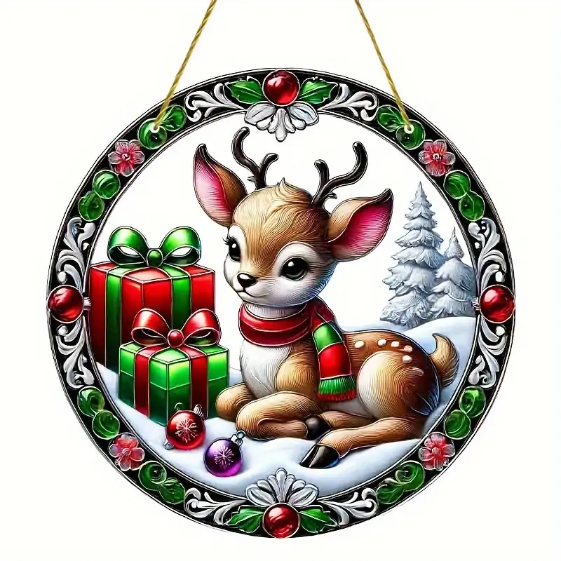 Christmas Deer Faux Stained Glass Window Hanging Suncatcher Colorful Round Sign with Wreath Center for Housewarming Gift Home Decor