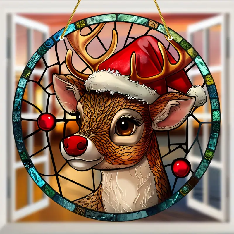Christmas Reindeer Faux Stained Glass Suncatcher Window Hanging Suncatcher Home Decor Gift Idea For Reindeer Lovers