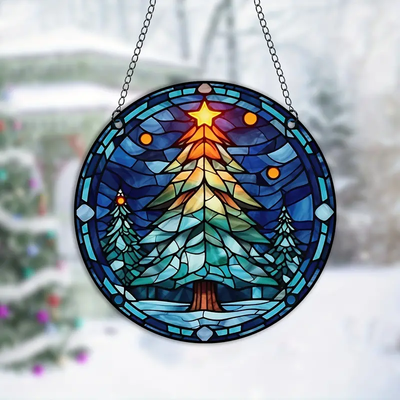 Christmas Tree Faux Stained Glass Suncatcher - Stunning Window Hanging Home Decoration