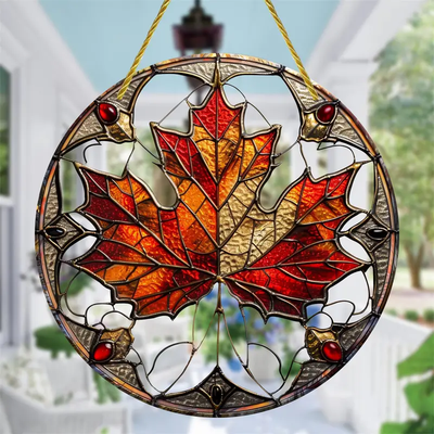 Maple Leaf Faux Stained Glass Suncatcher, Faux Stained Glass Window Hanging, Acrylic Sign, Circular Wreath Decor