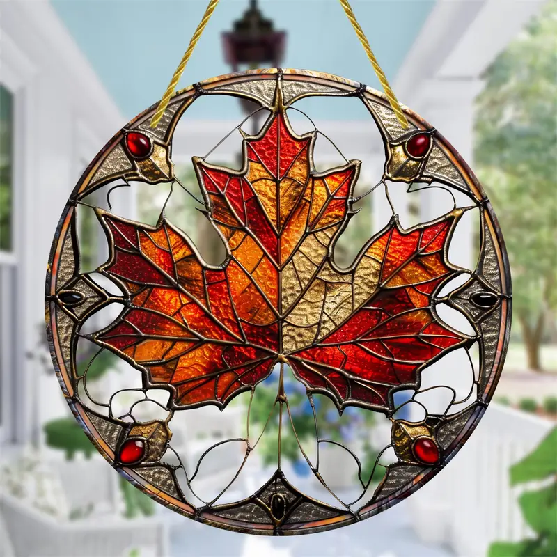 Maple Leaf Faux Stained Glass Suncatcher, Faux Stained Glass Window Hanging, Acrylic Sign, Circular Wreath Decor