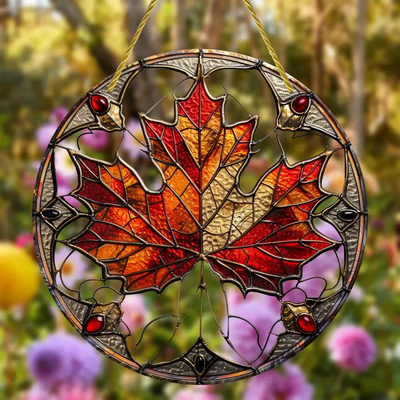 Maple Leaf Faux Stained Glass Suncatcher, Faux Stained Glass Window Hanging, Acrylic Sign, Circular Wreath Decor