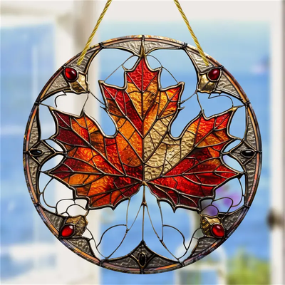 Maple Leaf Faux Stained Glass Suncatcher, Faux Stained Glass Window Hanging, Acrylic Sign, Circular Wreath Decor