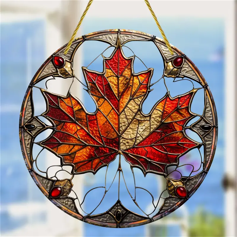 Maple Leaf Faux Stained Glass Suncatcher, Faux Stained Glass Window Hanging, Acrylic Sign, Circular Wreath Decor