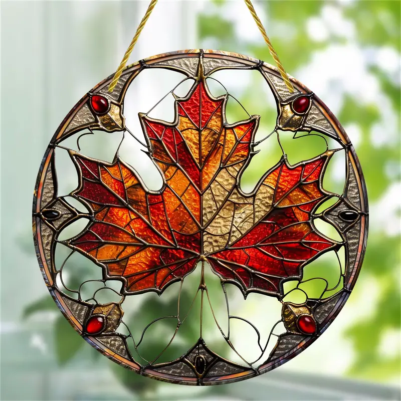 Maple Leaf Faux Stained Glass Suncatcher, Faux Stained Glass Window Hanging, Acrylic Sign, Circular Wreath Decor