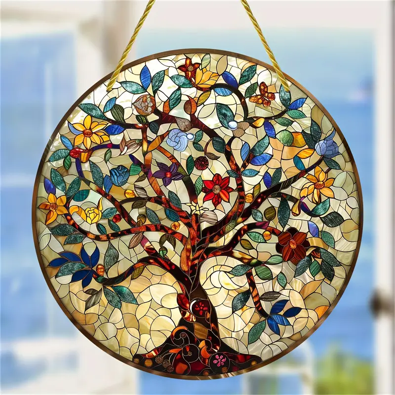 Life Tree Sign, Life Tree Faux Stained Glass Suncatcher, Faux Stained Glass Window Hanging, Acrylic Sign, Circular Wreath Decor