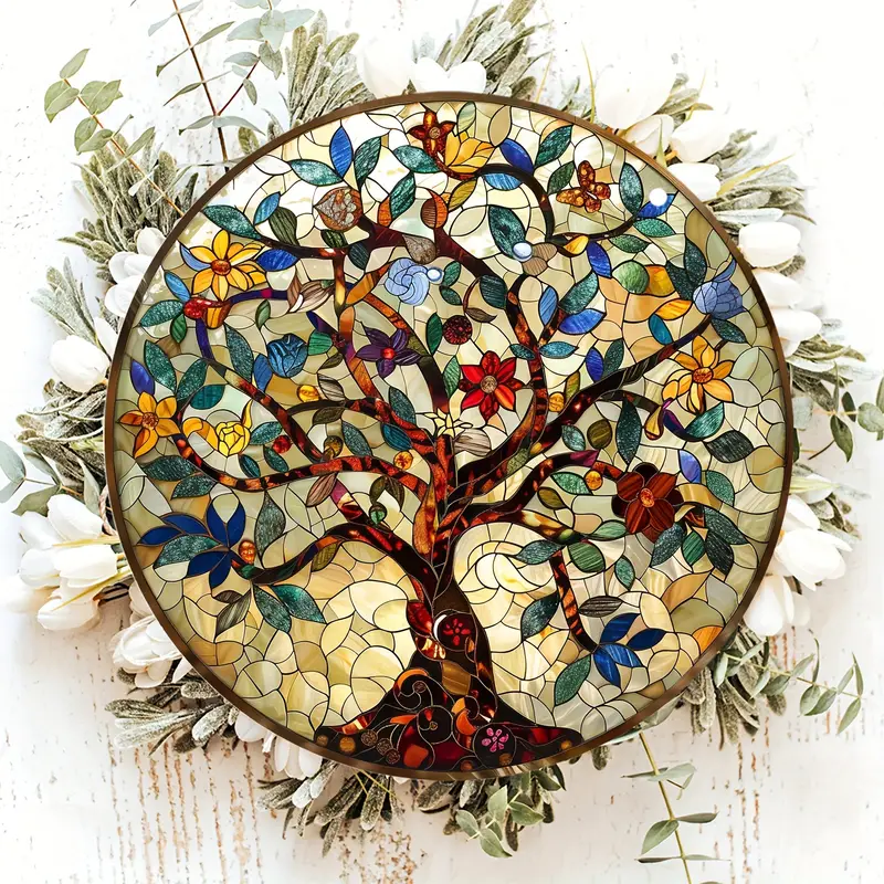Life Tree Sign, Life Tree Faux Stained Glass Suncatcher, Faux Stained Glass Window Hanging, Acrylic Sign, Circular Wreath Decor