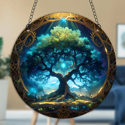 Tree Of Life Acrylic Hanging Sign Faux Stained Glass Suncatcher, Faux Stained Glass Window Hanging, Acrylic Sign, Circular Wreath Decor