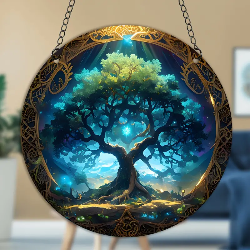 Tree Of Life Acrylic Hanging Sign Faux Stained Glass Suncatcher, Faux Stained Glass Window Hanging, Acrylic Sign, Circular Wreath Decor