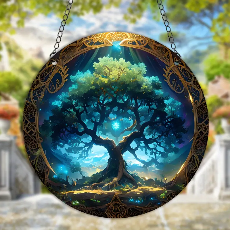 Tree Of Life Acrylic Hanging Sign Faux Stained Glass Suncatcher, Faux Stained Glass Window Hanging, Acrylic Sign, Circular Wreath Decor