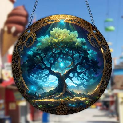 Tree Of Life Acrylic Hanging Sign Faux Stained Glass Suncatcher, Faux Stained Glass Window Hanging, Acrylic Sign, Circular Wreath Decor