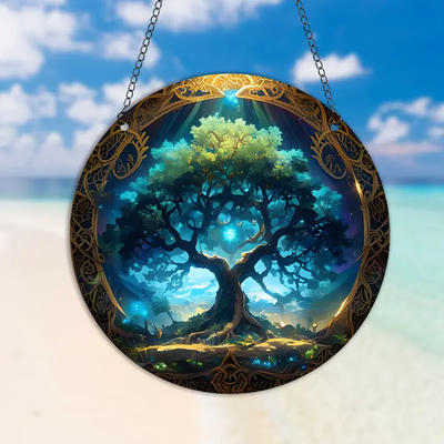 Tree Of Life Acrylic Hanging Sign Faux Stained Glass Suncatcher, Faux Stained Glass Window Hanging, Acrylic Sign, Circular Wreath Decor