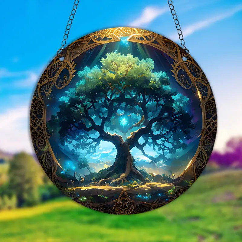 Tree Of Life Acrylic Hanging Sign Faux Stained Glass Suncatcher, Faux Stained Glass Window Hanging, Acrylic Sign, Circular Wreath Decor