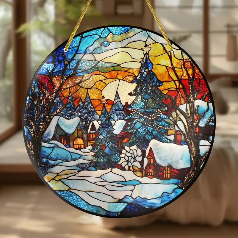 Vibrant Christmas Scene Faux Stained Glass Suncatcher - Decorative Hanging Window Circle